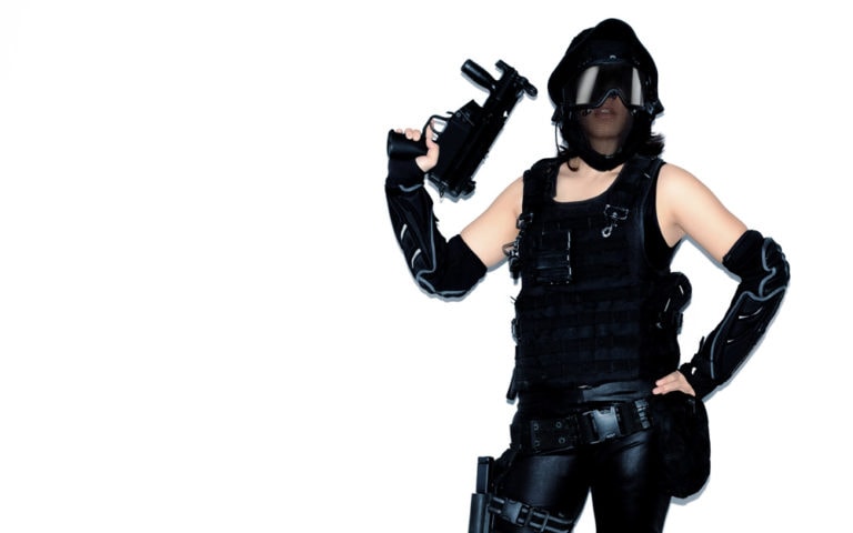 Asian lady in black soldier bb gun sport